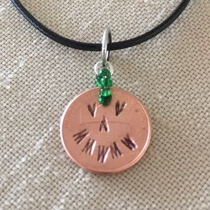 Jack-o’-lantern Necklace Green Beaded Stamped Penny Handmade